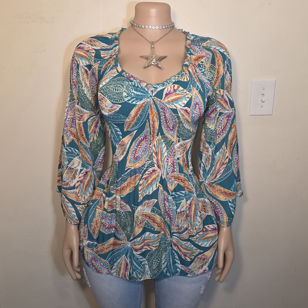 Ninety Teal Multi-Color Leaf Print V-Neck Blouse